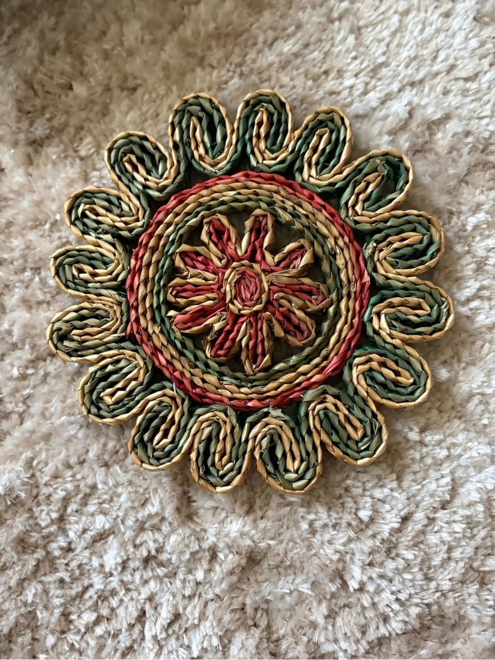 Handwoven Green, Tan & Red Floral Straw Accent Mat